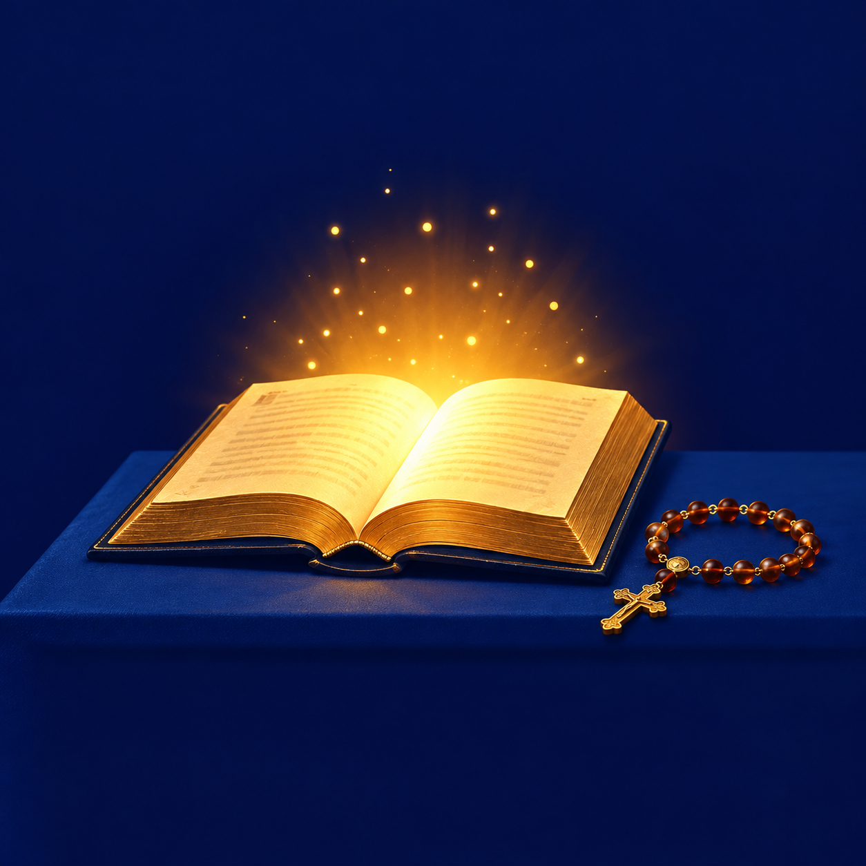 Libro sagrado iluminado junto a un rosario